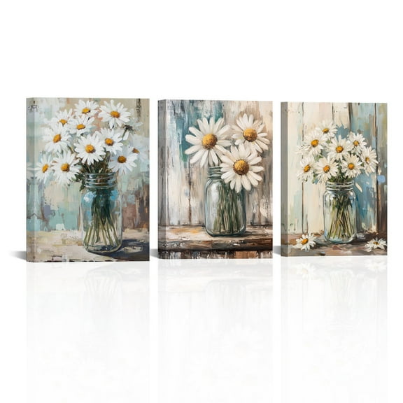 12"x16"x3Pcs Daisy Flower Canvas Wall Art Rustic Floral Oil Painting Prints Gallery Wrapped Framed Decor for Home Office Living Room Decoration
