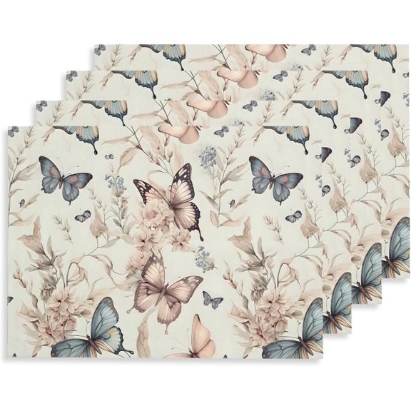 12"x18" Fairy Butterfly Pink Pale White Yellow Placemats Set of 4 Washable Thick Place Mats Kitchen Table Mats Decorative Linen Fabric Table Mat for Dining Table Kitchen Home Decor
