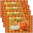 thumbnail image 1 of 12"x18" Fall Pumpkin Table Mats Placemat Boys Girls Autumn Harvest Placemats Set of 4 for Kids Maple Leaves Placemats for Dining Table Indoor Outdoor Kitchen Orange Grid Decor Table Place Mats, 1 of 4