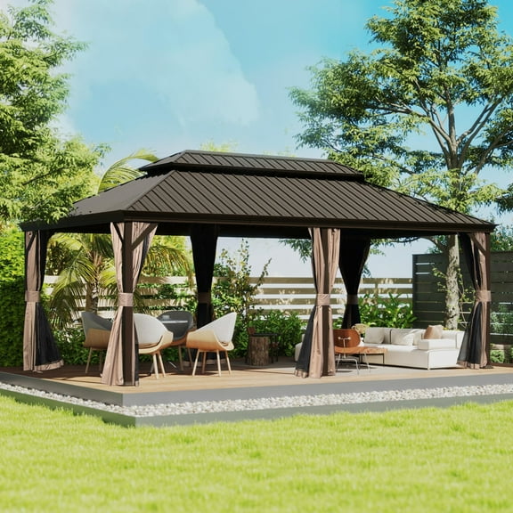 12'x18' Hardtop Gazebo, Aluminum Frame Metal Gazebo with Double Galvanized Steel Roof, Curtain and Netting, Outdoor Permanent Pavilion Pergolas for Backyard, Brown