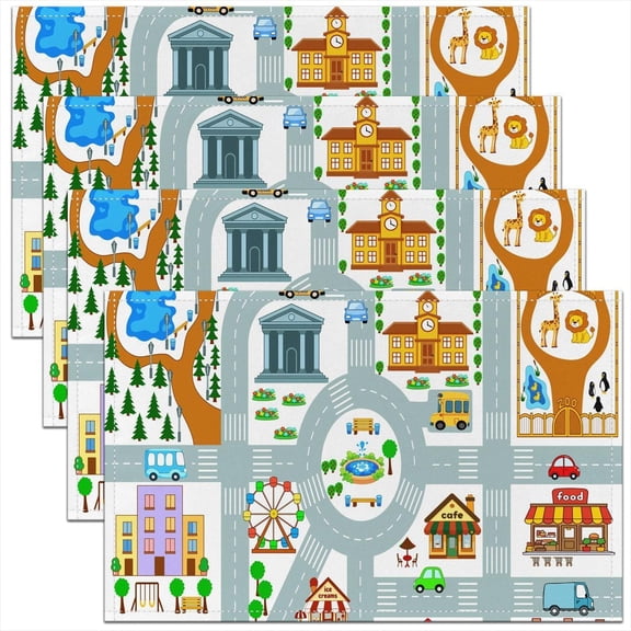 12"x18" Kids Car Table Mats Placemat Road and Traffic City Map Placemats Set of 4 Toddler Ultra Soft Coloful Fun Game Placemats Dining Table Indoor Kitchen Educational Race Track Table Place Mats