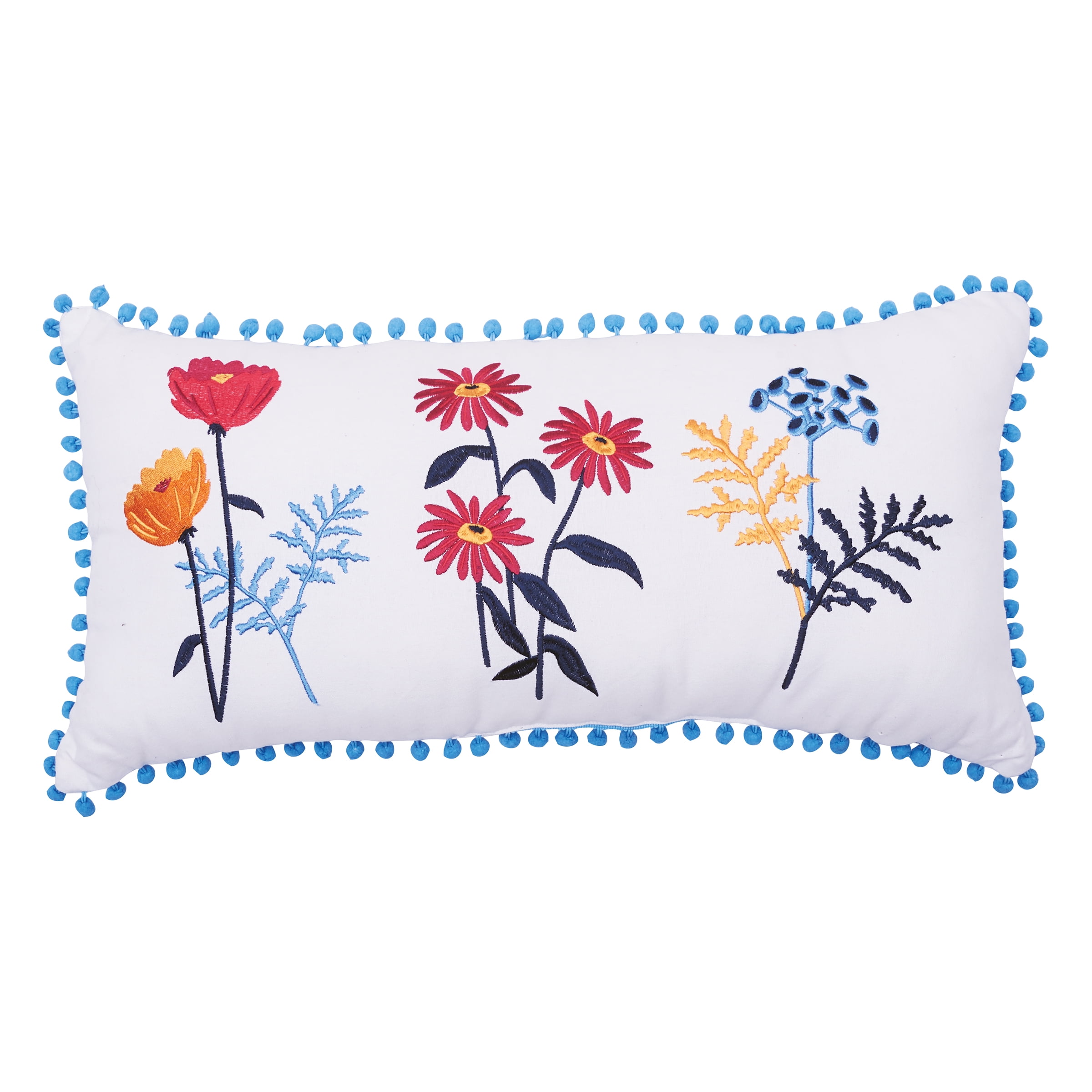 Lola 12"x24" White Cotton Embroidered Floral Pillow with Pom Pom Edges