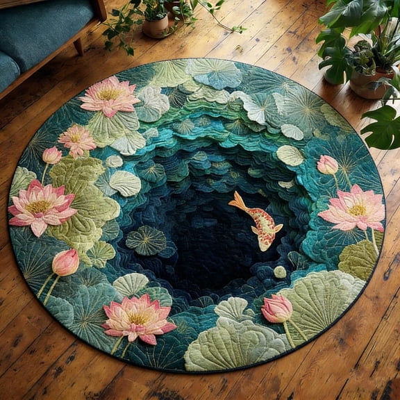 120*120cm 3D Embossed Koi And Lotus Pond Print Flannel Bath Mat, Non-Slip Zen Rug, Soft Plush Round Water Lily And Fish Design Doormat For Living Room