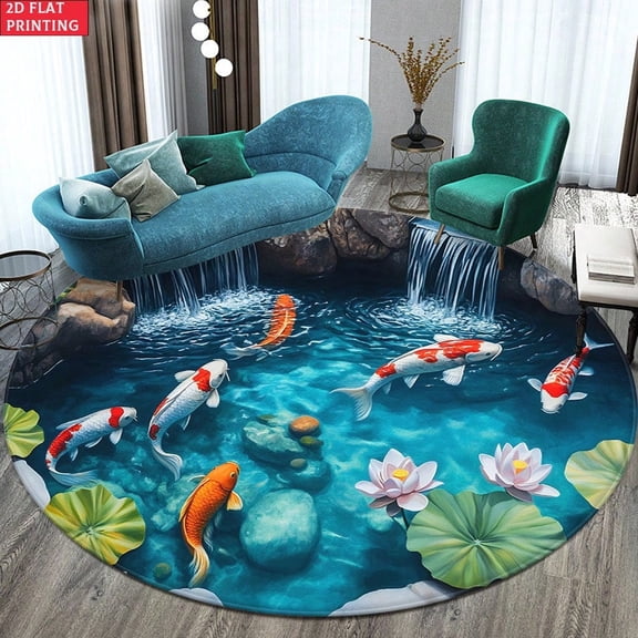 120*120cm 3D Koi Fish Pond Print Flannel Bath Mat, Non-Slip Zen Garden Rug, Soft Plush Round Waterfall And Lotus Design Doormat For Living Room