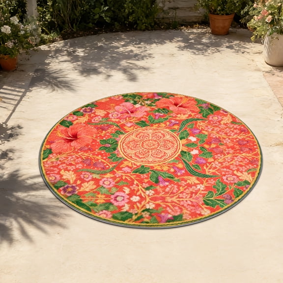 120*120cm Round Bohemian Hibiscus Floral Print Flannel Bath Mat, Non-Slip Tropical Rug, Soft Plush Vibrant Red Flower Design Doormat For Balcony