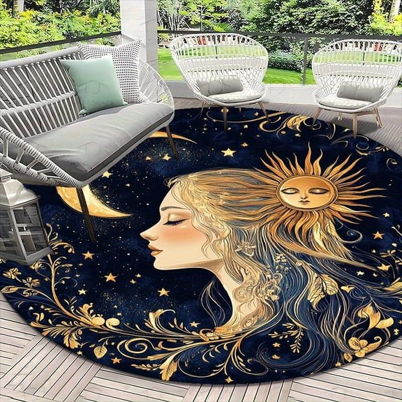 120*120cm Round Celestial Sun And Moon Goddess Print Flannel Bath Mat, Non-Slip Boho Starry Rug, Soft Plush Mystical Woman Design Doormat For Living Room