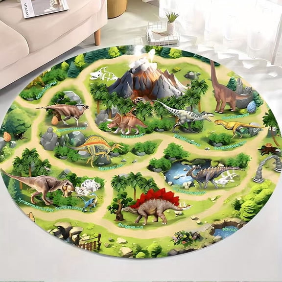 120*120cm Round Dinosaur World Map Print Flannel Bath Mat, Non-Slip Prehistoric Play Rug, Soft Plush Volcano Dinosaur Design Doormat