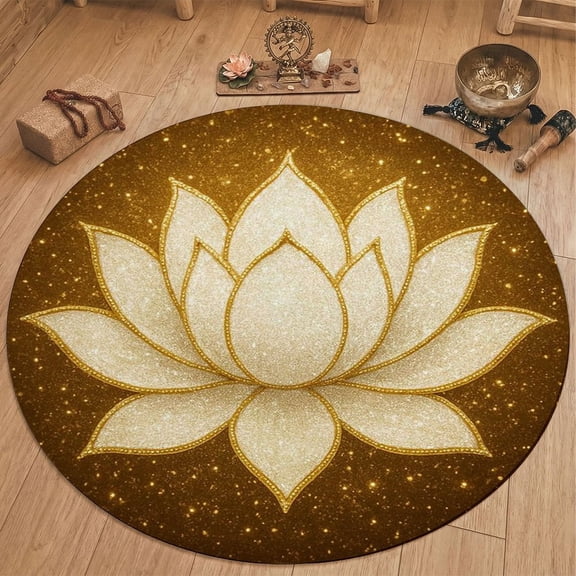 120*120cm Round Golden Lotus Print Flannel Bath Mat, Non-Slip Meditation Rug, Soft Plush Zen Yoga Design Doormat For Living Room