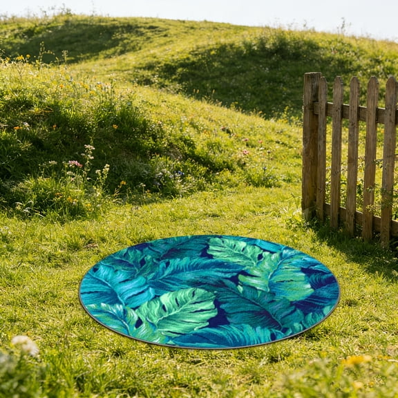 120*120cm Round Tropical Banana Leaf Print Flannel Bath Mat, Non-Slip Boho Jungle Rug, Soft Plush Teal Green Palm Leaf Design Doormat For Patio