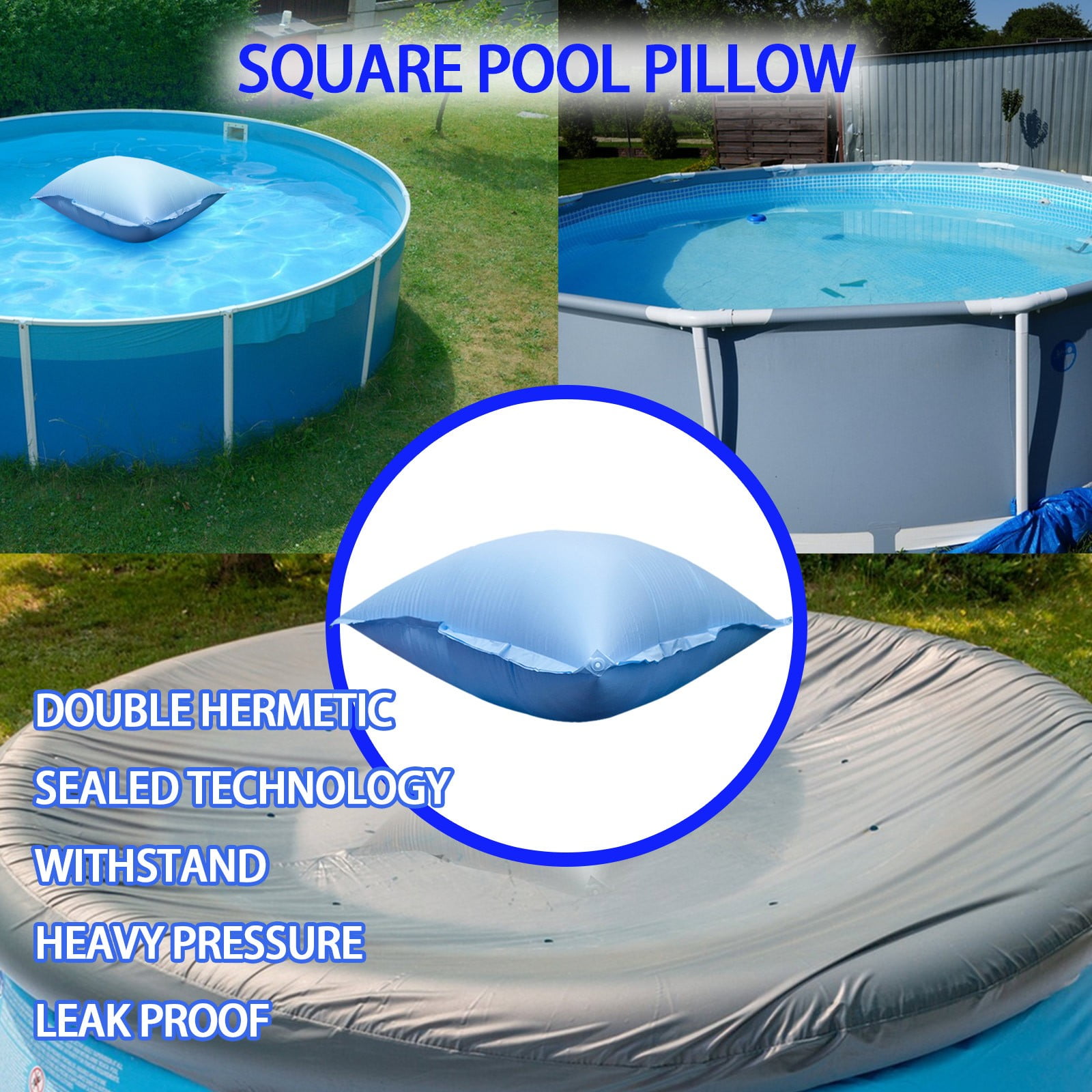 120×120cm Square Winter Pool Pillow for Above Ground Pools, Heavy Duty Cold-Resistant Inflatable Pool Cover Pillow, with 2pcs 3M Ropes for Winter Pool Closing Kit(0.18mm*120cm×120cm)