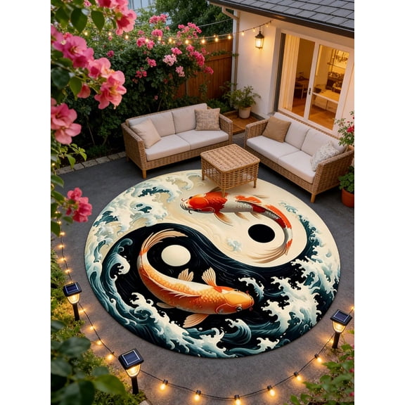 120*120cm Yin Yang Koi Fish And Ocean Wave Print Flannel Bath Mat, Non-Slip Zen Rug, Soft Plush Round Japanese Art Design Doormat For Living Room