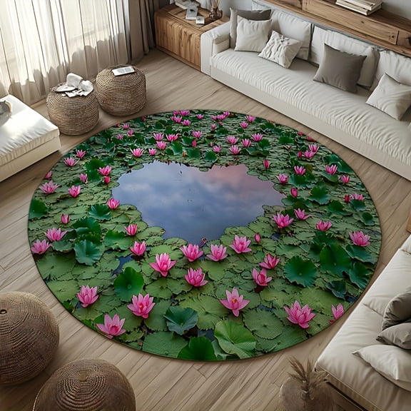 120*120cmRound 3D Water Lily Pond Print Flannel Bath Mat, Non-Slip Zen Lotus Rug, Soft Plush Pink Flower Design Doormat For Living Room