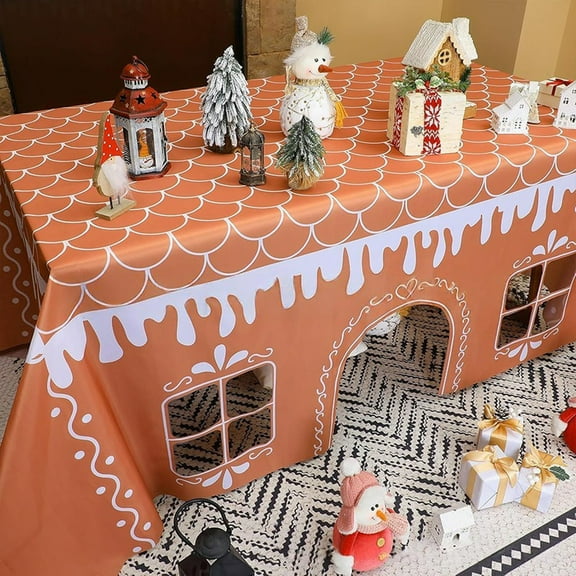 120*150Cm Gingerbread House Christmas Tablecloth, Christmas Gingerbread Playhouse, Xmas Tablecloth Square Gingerbreads House Holiday For Kitchen Dining Party Home Decor