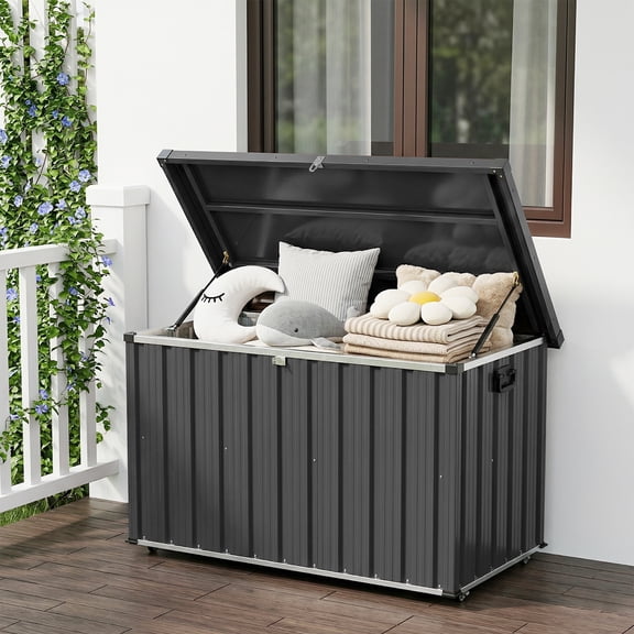 120-200 Gal Outdoor Metal Storage Box – Waterproof Steel Deck Box with Lockable Lid, Dual Gas Struts & Wheels – Large Capacity for Patio, Pool & Backyard