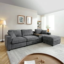 120.3" L-Shaped Sectional Sofa with USB Chargers & Drop Down Table, Modern Linen Couch with Storage Ottoman, Cup Holders & Swivel Tray for Living Room, Grey