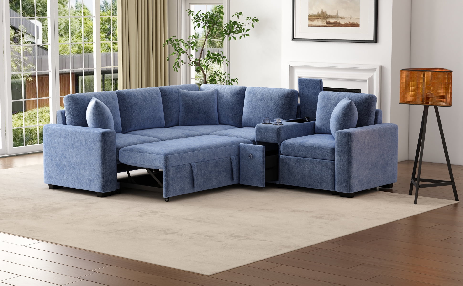 120.5" L Shaped Modular Sectional Sleeper Sofa with Pull Out Couch Bed ...