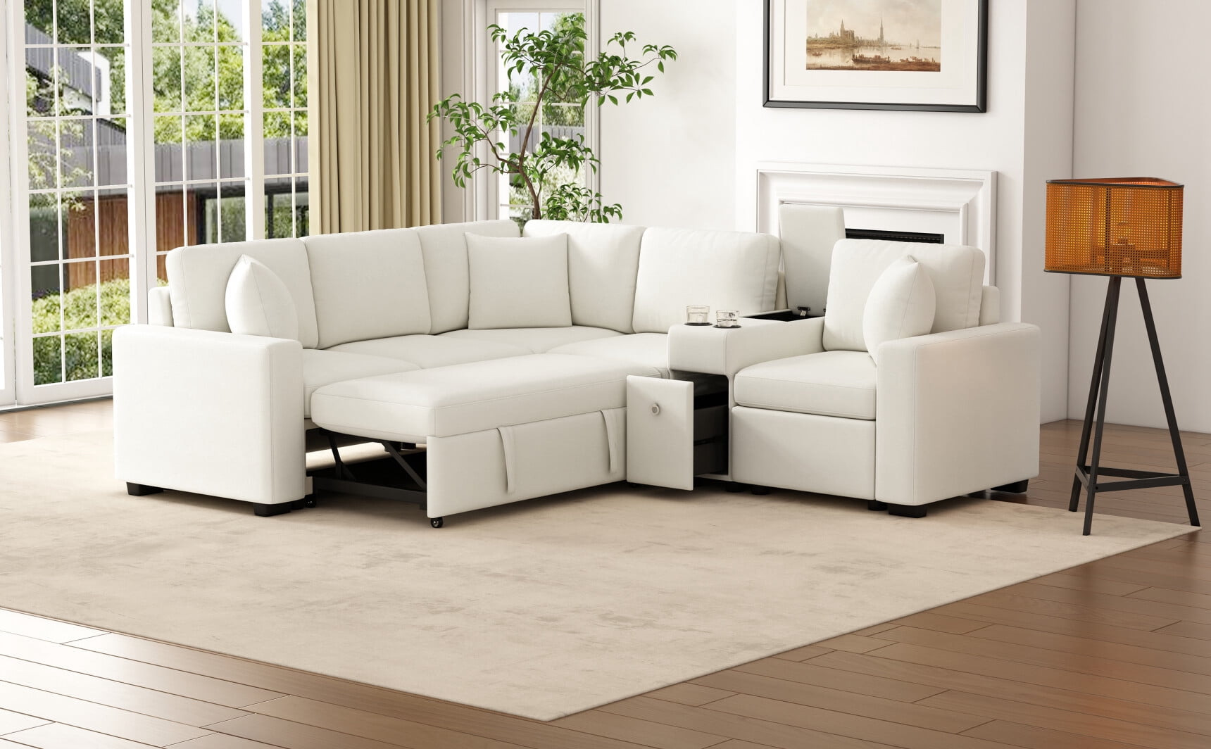 120.5" L Shaped Modular Sectional Sleeper Sofa with Pull Out Couch Bed ...