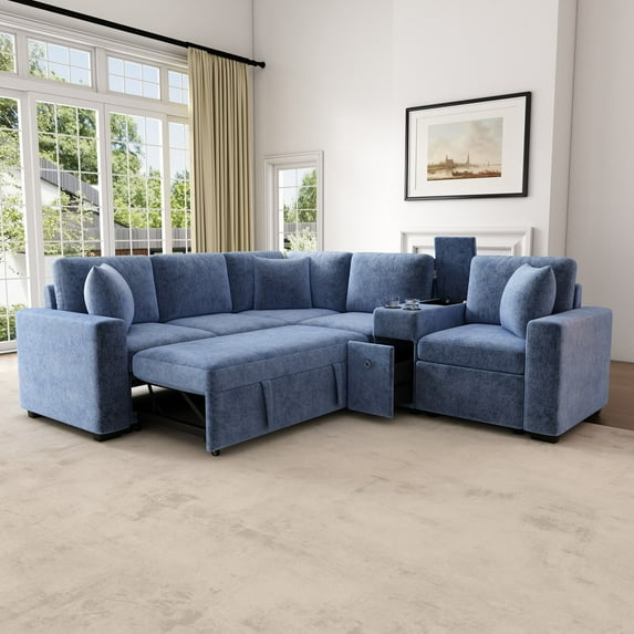120.5" L-shaped Convertible Sofa Bed Modular Sectional Sofa Reversible Sleeper with Pull-Out Bed, Cup Holders, and Ample Storage Space for Living Room (Blue)
