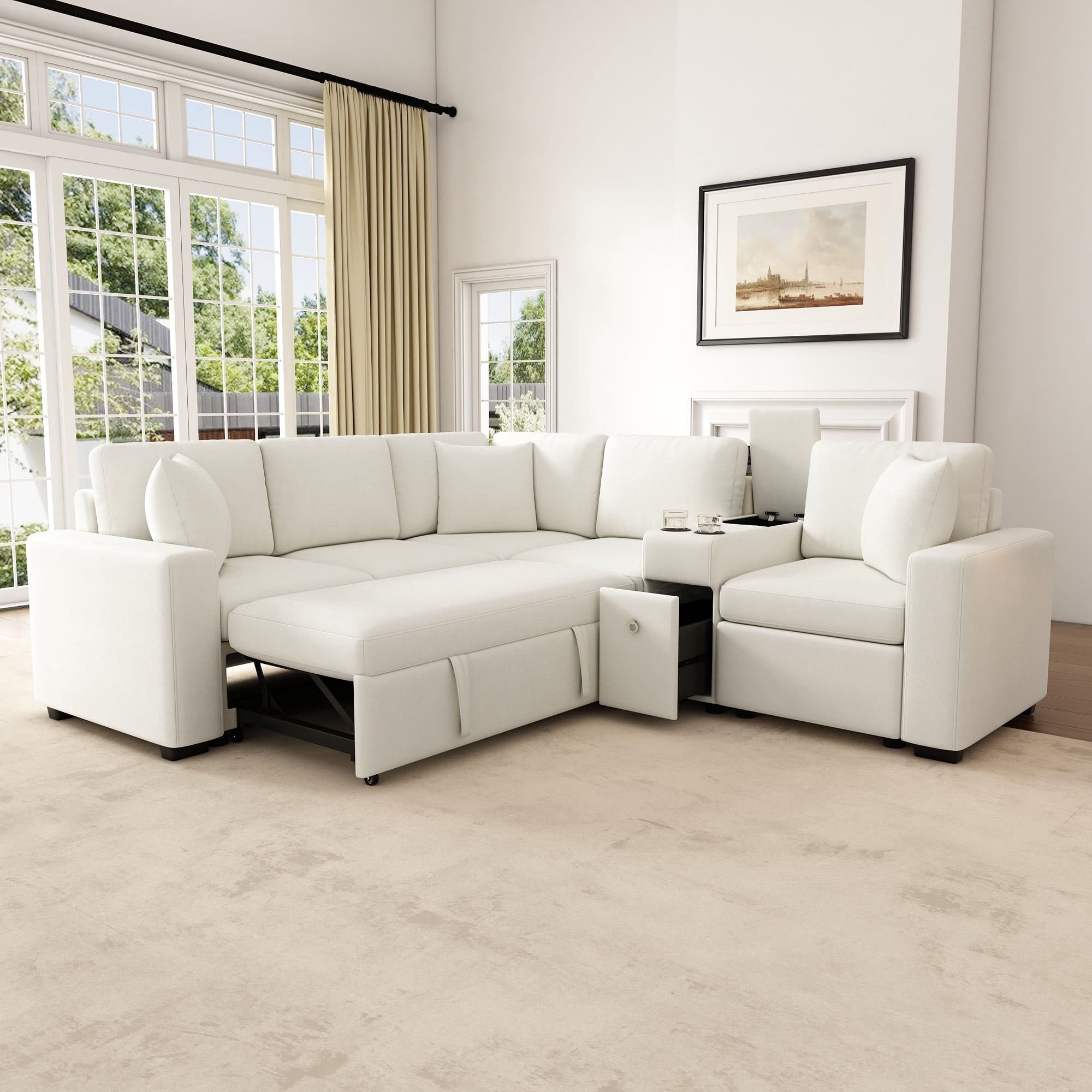 120.5" L-shaped Convertible Sofa Bed Modular Sectional Sofa Reversible ...