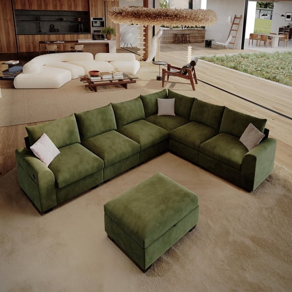 120" 7-Seater L-Shaped Sectional Couch, Modern Chenille V-Shaped Corner Sofa with Storage Ottoman & USB Ports, Modular Sofa for Living Room