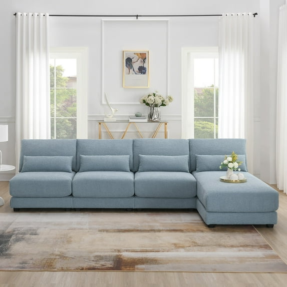 120*61" Oversized Wide Seat Sectional Sofa with Reversible Chaise, Loop Yarn Fabric 5-seat Armless Indoor Furniture, Convertible L-shaped Couch for Living Room, Apartments (Blue)