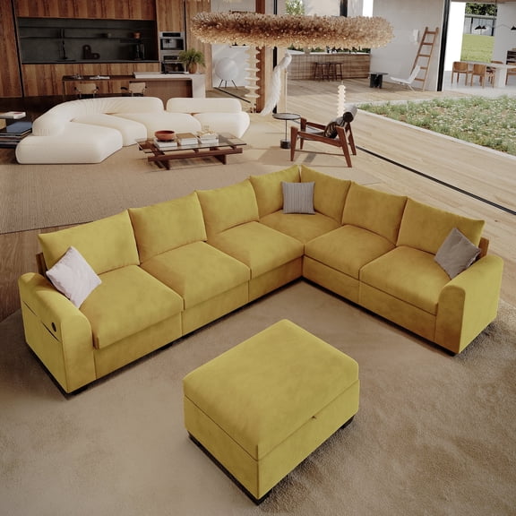 120" 7-Seat L-Shaped Chenille Modular Sectional Sofa - Storage Ottoman, USB Port, Deep Seat for Living Room