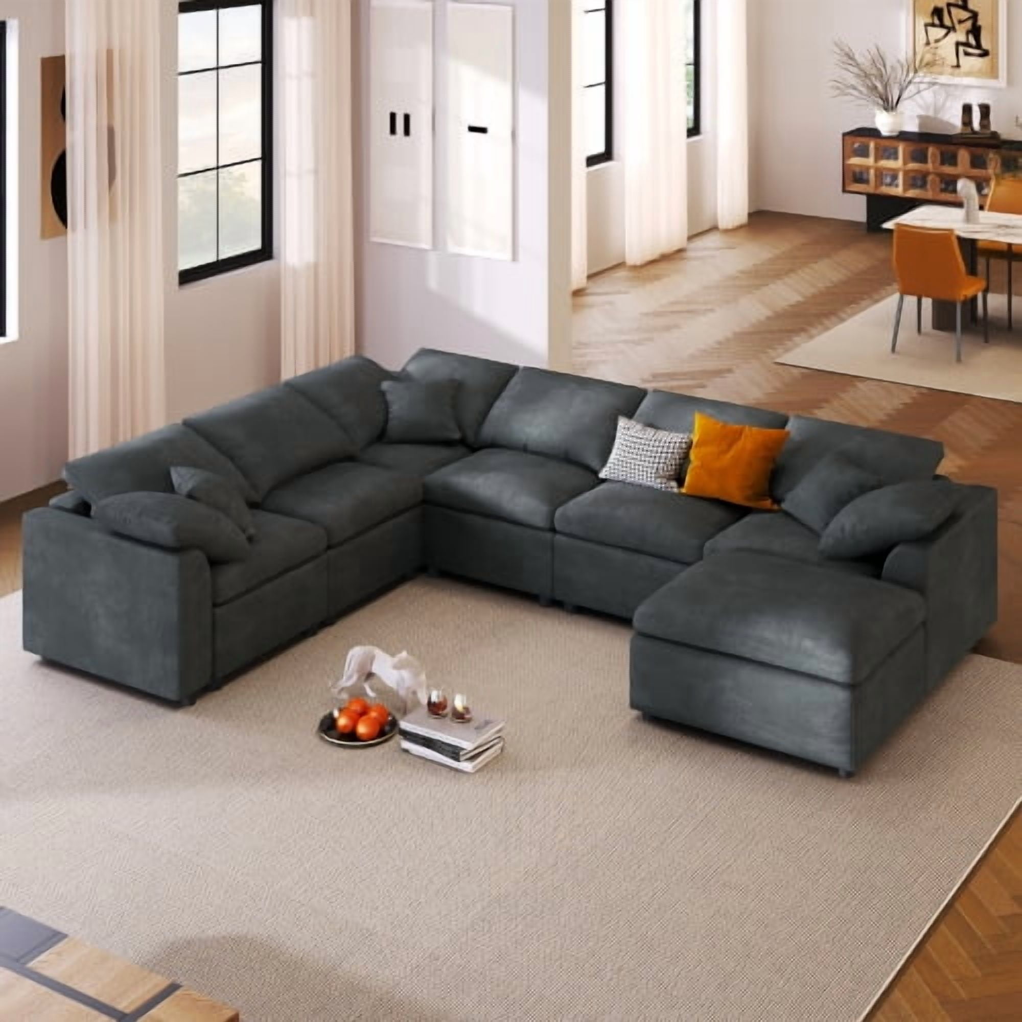 120.8" U_Style Extra Large 7-Seater L-Shape Modular Sectional Sofa with Movable Ottoman, Plush Chenille Fabric, Solid Pine Wood Frame for Living Room and Office, Gray