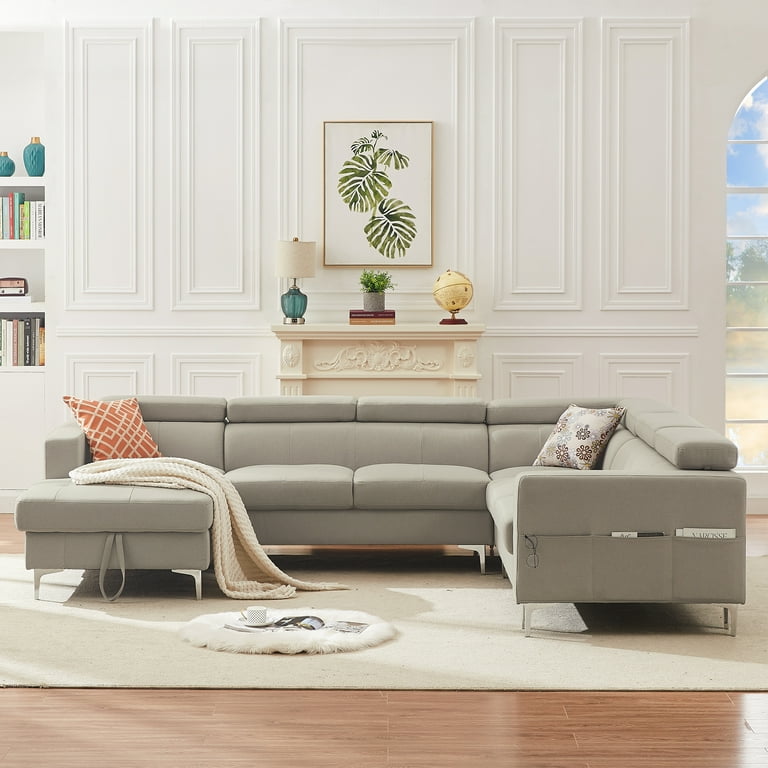120 94.5 3 Piece Sectional Sofa U Shape with Storage Left Chaise Lounge with Head Adjustment Linen Fabric DC Smoke Wood Color Walmart