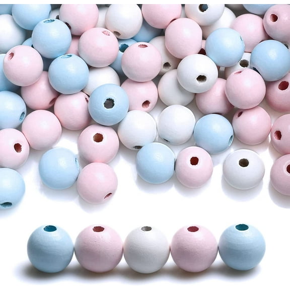 120 Assorted Colors Garland Wood Beads - 16mm with 3mm Hole - 40 Beads Per Color,  White/Blue/Pink