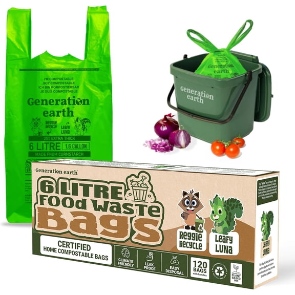 120 Bags 1.6 Gallon (6L) | Tie Handle Compostable Food Waste Bags | BPI Certified Kitchen Countertop Compost Bin Liners | Extra Strong Biodegradable Caddy Bags |