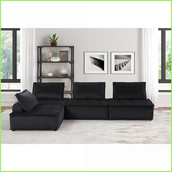 120" Black Velvet Modern Sectional Sofa – Tufted, Pocket Coil Springs for Living Room | Black | Velvet | Armless