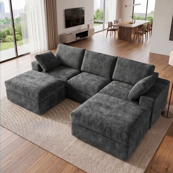 ReeQuo 120" Boneless Cloud Couch, Oversized Modular Sectional Sofa with Double Layer Cushions, 28’’ Deepseat, Removable Covers, 5 Seater Soft Comfy U Shaped Couch for Living Room - Dark Grey
