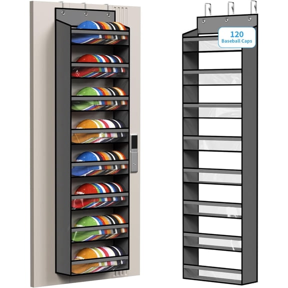 120 Caps Over Door Hat Rack for Baseball Caps, 8-Tier Large Capacity Hanging Hat Storage Organizer with Clear Deep Pockets, Door Hat Holder for Nursery, Bedroom, Closet (Grey)