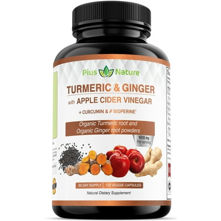 120 Capsules of USDA Organic Turmeric Root Powder, USDA Organic Ginger Powder and Apple Cider Vinegar Powder with Curcumin (95% Curcuminoids) and Bioperine, 1410 mg per Serving in Veggie Capsules