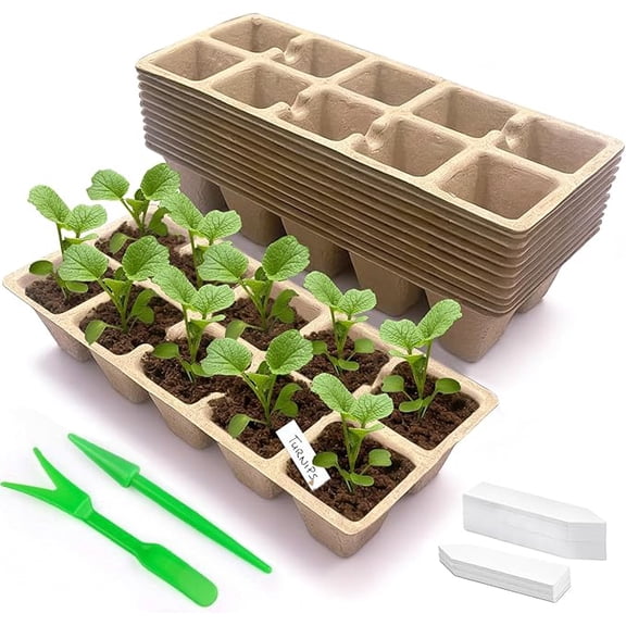 120 Cells Seed Thickened 10-Cell Peat Pots Seed Starter Kit - 12 Trays + Transplanting Tools & Plant Labels, Biodegradable Root-Friendly Seedling Cups for Vegetables Flowers Herbs Seed Starting