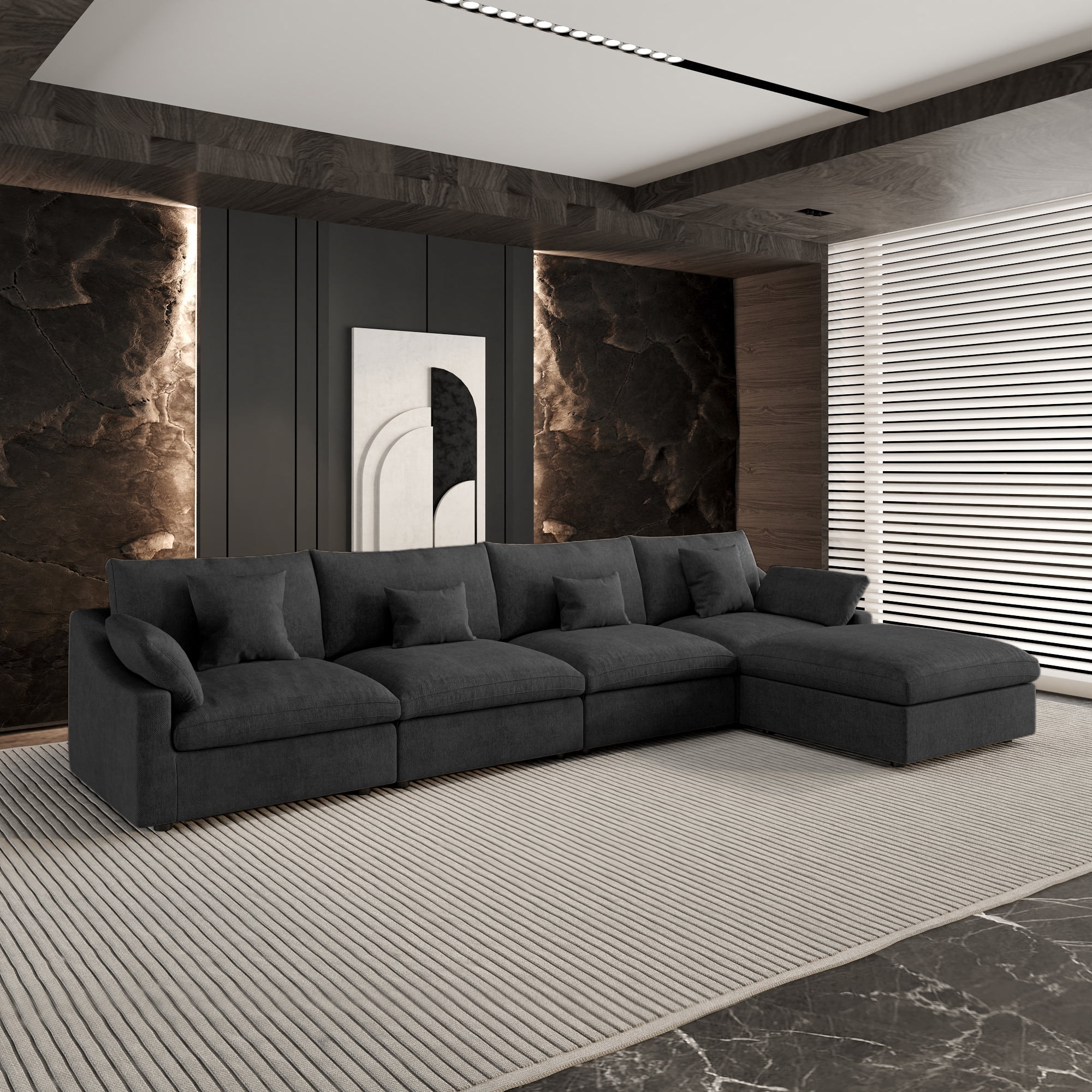 120" Cloud Couch Sectional for Living Room, Down Filled Convertible L Shape Couch with Ottoman,Black