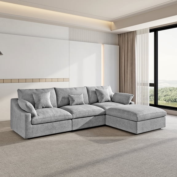 120" Cloud Couch Sectional for Living Room, Down Filled Convertible L Shape Couch with Ottoman,Gray