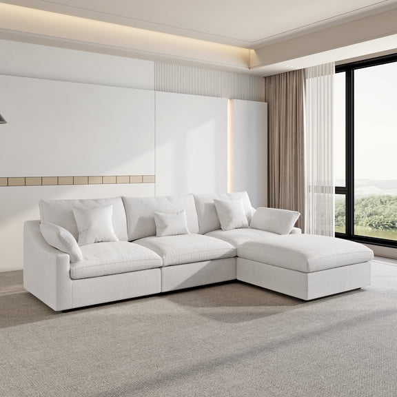 120" Cloud Couch Sectional for Living Room, Down Filled Convertible L Shape Couch with Ottoman,White