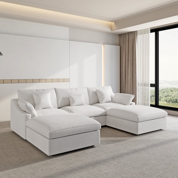 120" Cloud Couch Sectional for Living Room, Down Filled Convertible U Shape Couch with Ottoman,White