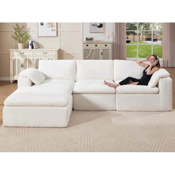 120" Cloud Modular Sectional Sofa, No-Assembly Oversized Chenille Couch with 76.4" Extra-Deep Chaise, Modern White Cloud Couch for Living Room