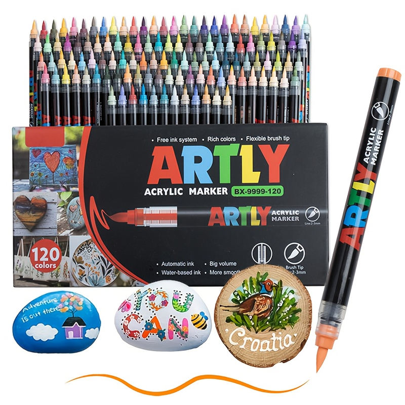 120 Color Acrylic Paint Marker, Brush Tip For Rock Metal Glass Wood Canvas Ceramic Plastic Art And DIY Hand-painting, Back To School Season Halloween Christmas Birthday Gifts