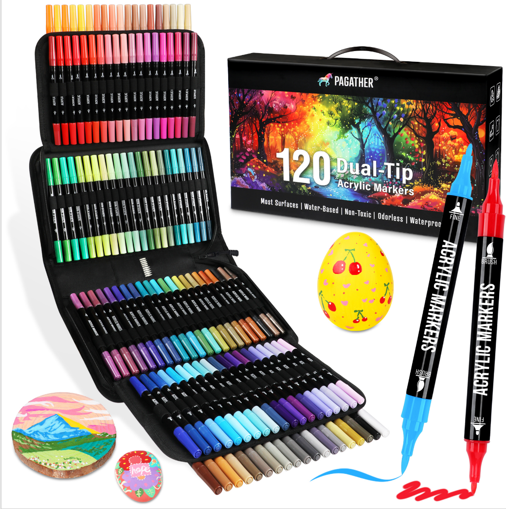 120 Colors Acrylic Paint Markers, Dual Tip with Fine Tip and Brush Tip Pens for Stone, Wood, Calligraphy, Canvas, Ceramic, Metal, Glass, Rock Painting, DIY Crafts Art Supplies Kit