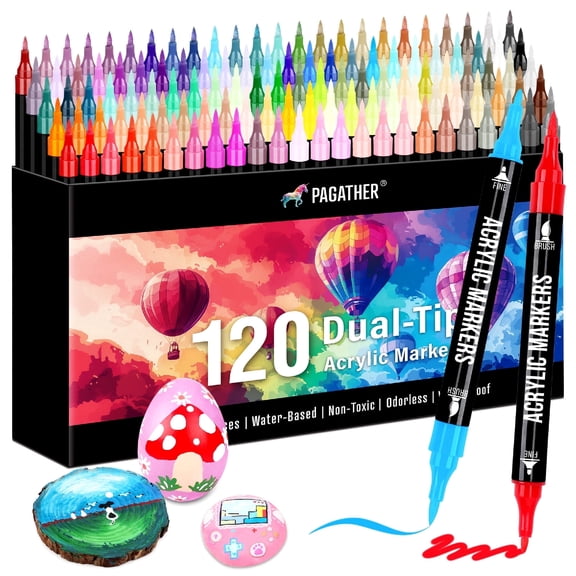 120 Colors Acrylic Paint Markers, Dual Tip with Fine Tip and Brush Tip Pens for Stone, Wood, Calligraphy, Canvas, Ceramic, Metal, Glass, Rock Painting, DIY Crafts
