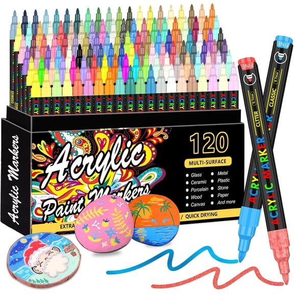 120 Colors Acrylic Paint Markers Extra Fine Tip for Rock Painting Canvas Wood Ceramic Glass - Quick-Dry & Non-Toxic