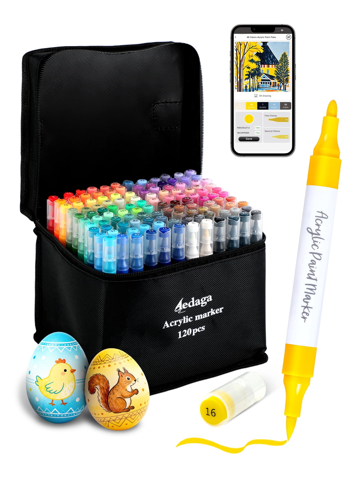 120 Colors Acrylic Paint Pens with Free App, Dual Tip Acrylic Paint Markers with Brush Tip and Fine Tip for Adults, Kids, Eggs, Wood, Rock, Canvas, Plastic, Stone, Glass, Ceramic