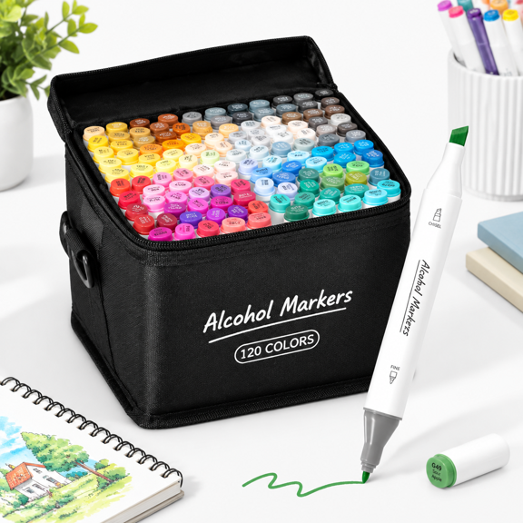 120 Colors Double-Tip Markers with Colorless Blender for Adult Coloring