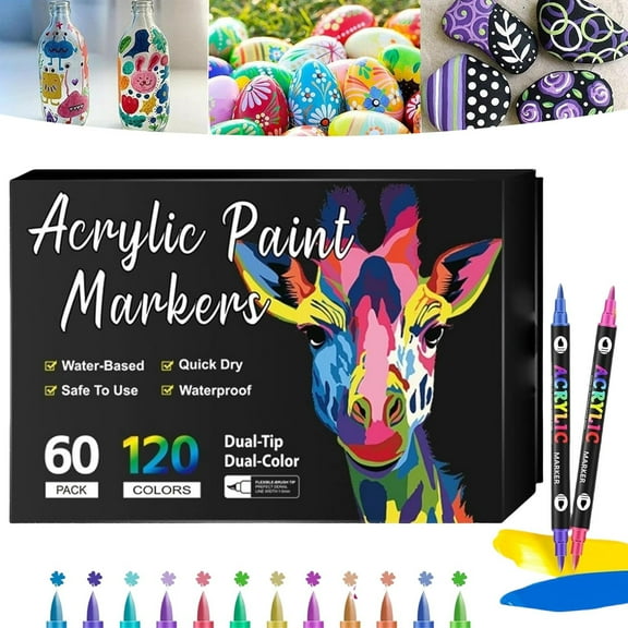 120 Colors Dual Tip Acrylic Paint Markers Brush Tip and Fine Tip Acrylic Paint Pens DIY Crafts Card Making for Rock Painting, Ceramic, Wood, Canvas, Plastic, Glass, Stone, Calligraphy, 60pcs