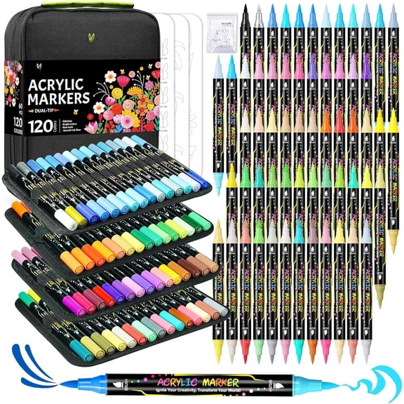 120 Colors   Markers, Permanent Dual-Tip  Markers Set, Soft Brush Tip  Pens for Rock Painting, Canvas, Glass, , Ceramic, DIY Craft Art Supplies, Set of 60