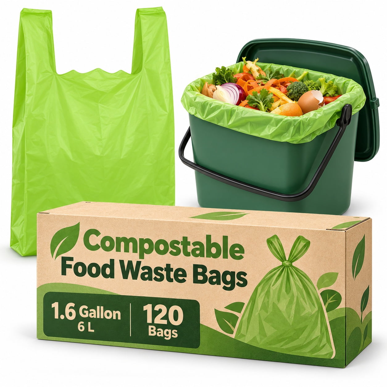 120 Compostable Food Waste Bags 1.6 Gallon | Extra Strong Biodegradable ...