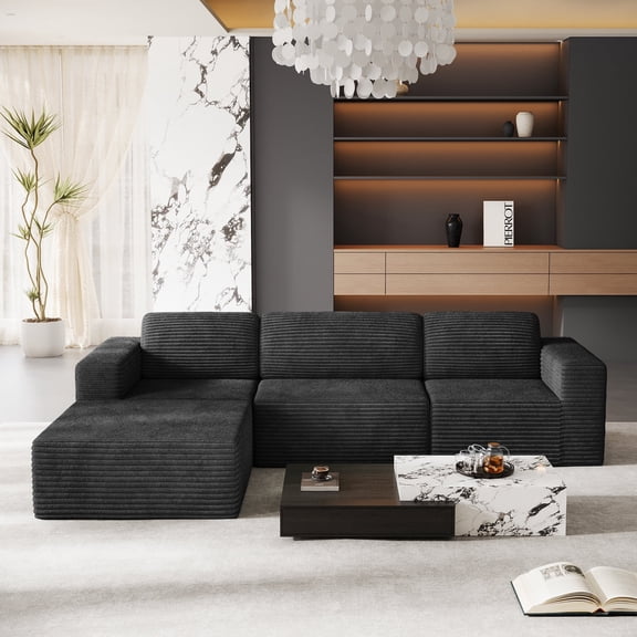 120" Corduroy Modular L-Shaped Sectional Sofa, No Assembly Required Compressed Couch with Left Chaise Lounge, Black